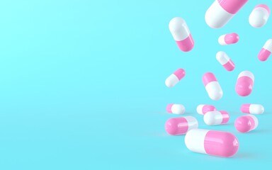 A banner template for a pharmacy, multivitamin supplements products store. Blue background. The falling capsules are white and pink half. 3d render illustration.