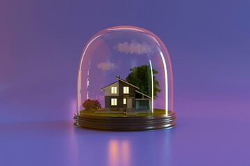 Miniature model of a house and a tree in a glass ball sphere. A card is an invitation to a housewarming party, a creative concept of housewarming and moving to a country house. 3d render illustration.