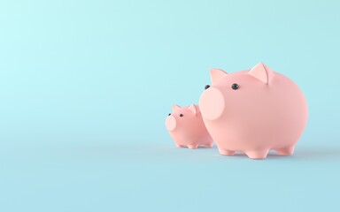 Two pink piggy banks on a pastel blue background. Copy space for text. The template of the banner of the subject of investments, savings and deposits. 3d render illustration.