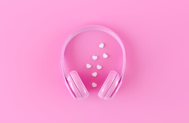 Pink monochrome shiny pink headphones on a pink background. Top view, the concept of your favorite music, hearts in headphones. 3d render illustration.