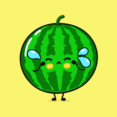 Cute crying watermelon character. Vector hand drawn cartoon kawaii character illustration icon. Isolated on yellow background. Sad watermelon character concept