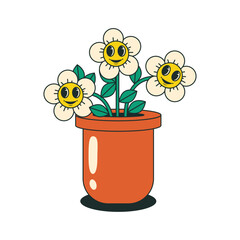 Groovy flowerpot with daisy happy faces. in trendy retro cartoon style. Hippie 70s aesthetic. Funny mascot vector illustration.