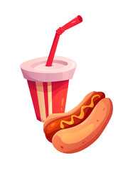 Fast food Hot Dog with Mustard and Soda Drink in a Paper Cup. Vector Illustration in Cartoon Style.