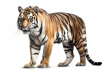 Fototapeta na wymiar Royal Tiger (P. t. corbetti) isolated on white background, combined clipping path. Tiger staring at prey, hunter concept. Generative AI