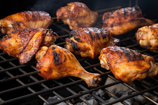 Chicken wings and legs with grill marks and barbeque sauce on the grill created with Generative AI technology