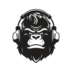 gorilla headphones mascot logo ,hand drawn illustration. Suitable For Logo, Wallpaper, Banner, Background, Card, Book Illustration, T-Shirt Design, Sticker, Cover, etc