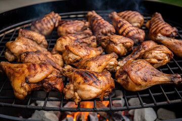 Chicken wings and legs with grill marks and barbeque sauce on the grill created with Generative AI technology