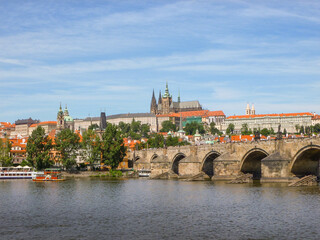 Panoramic view of Prague Old Town and iconic Charles Bridge, Czech Republic