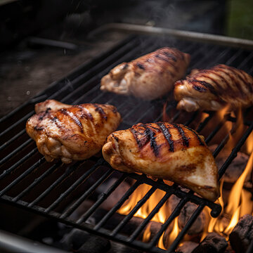 Group of chicken pieces with grill marks on the grill created with Generative AI technology