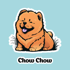 Illustration of happy Chow chow puppy breed, dog sit and smile cartoon sticker vector sketch 