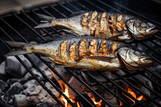 Fish on a grill with beautiful grill marks created with Generative AI technology