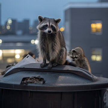 Raccoons standing on garbage cans at night created with Generative AI technology