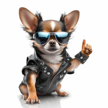 Chihuahua With Leather Jacket and Cool Eye Glasses. Generative AI