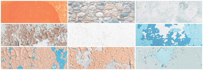 Set of panoramic background textures. Collection of wide textures with peeling paint, cracks, rust, stone and concrete walls. Faded rough surfaces of old walls. Bundle of light backgrounds for design.