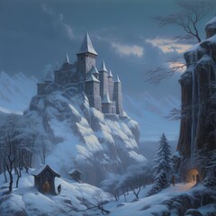 snowy castle landscape, generative AI 