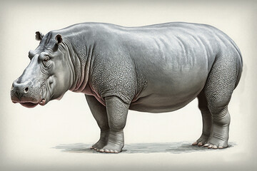 Obraz premium Full length side view image of standing hippo hippopotamus on a white background. Generative AI illustration.