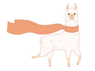 Cheerful llama in a long scarf. Illustration on transparent background