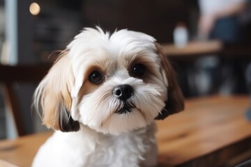 Close-up of Dog Sitting in Living Room with Blur Background at Home