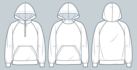 Raglan Sleeve Hoodie technical fashion illustration. Hooded Sweatshirt fashion flat technical drawing template, pocket, zip-up, front and back view, white, women, men, unisex CAD mockup set. © Liubov Hladka