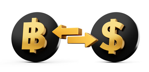 Gold and black Baht to Dollar sign icon currency exchange icon with shadow. 3d illustration