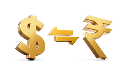 3d Golden Dollar And Rupee Symbol Icon With Money Exchange Arrow On White Background 3d illustration