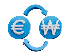 3d White Euro And Won Symbol On Rounded Blue Icons With Money Exchange Arrows, 3d illustration