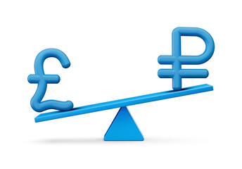 3d Blue Pound And Ruble Symbol Icons With 3d Blue Balance Weight Seesaw, 3d illustration