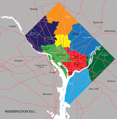 Washington D.C. map with all 8 wards and surrounding area - 584673583