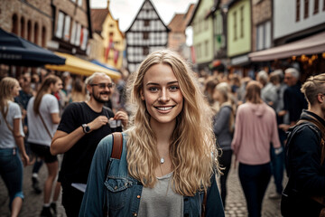 young adult woman with blond hair and backpack and shirt in an old town with many tourists, fictional place, Generative AI