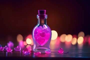 Obraz na płótnie Canvas Enchanting Love Potion Bottle with Neon Lights and Flying Hearts, Generative AI