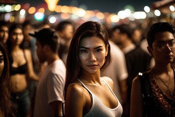 young asian woman in tourist area with many tourists in the evening, night life in warm temperatures in asian country with many tourists, fictional place, Generative AI