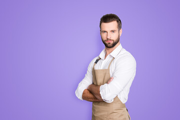 Portrait with copyspace, empty place for advertisement of half turned, concentrated attractive barber in shirt having his arms crossed, looking at camera, isolated on grey background