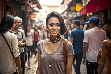 Obraz na płótnie Canvas young adult multiethnic woman with short hair style in asian side street with local people and tourists, fictional place, Generative AI