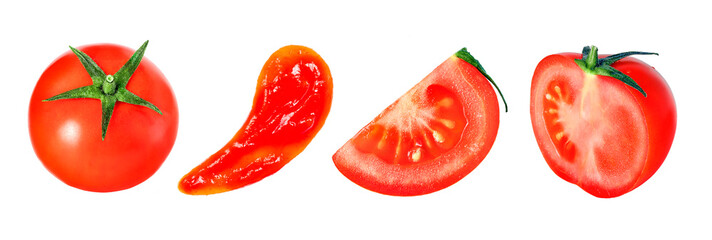 Tomato set. Tomatoes isolated on white background. Half, slice food.