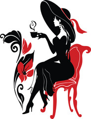 Elegant silhouette of beautiful woman in big hat with a cup of coffee or tea. Beautiful silhouette for stylish and luxurious design of vintage style. Isabelle series