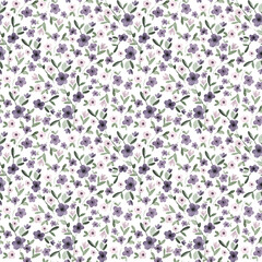 Seamless pattern with lilac small flowers watercolor illustration.