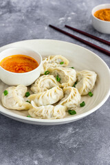 Chicken Dumplings, Asian Food Photo, Top Down Popular Take-Out Food Vertical Photo