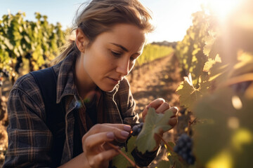 Shot of winegrower woman picking grapes while watching the growth of the crop in the vineyard. Generative Ai