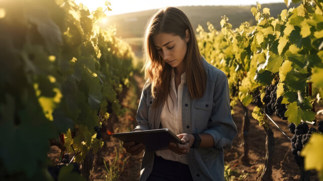 Wine grower woman watching the growth of the grape crop while taking notes on the tablet in the vineyard. Generative Ai