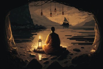 Monk sitting in lotus position on a rock and meditating viewed from back. Generative AI