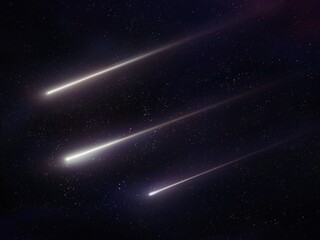 Obraz na płótnie Canvas Three beautiful meteors. Bright meteorites fly in the night sky. Falling stars, star rain. Meteorites burn in the stratosphere.