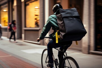 Delivery rider riding a bicycle through the city with his delivery backpack on his back. Generative AI