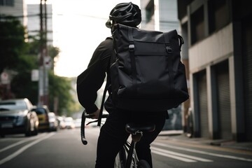 Fototapeta na wymiar Delivery rider riding a bicycle through the city with his delivery backpack on his back. Generative AI