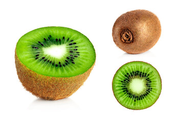Kiwi set. Whole kiwi fruit, circle and half isolated on white background. Full depth of field.
