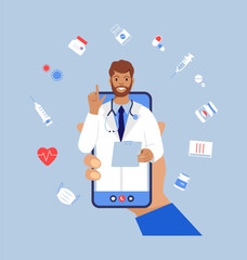 Online doctor. Virtual medicine. Hand hold cellphone. Mobile app for call to physician. Health consultation, diagnosis. 