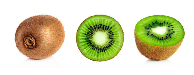 Kiwi set. Whole kiwi fruit, circle and half isolated on white background. Full depth of field.