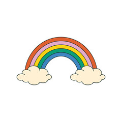 Groovy rainbow with clouds in trendy retro cartoon style. Vector illustration isolated on white background.