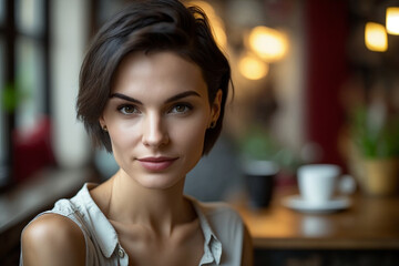 young adult woman with short hair, short hairstyle in a public cafe or bar, fictional location, Generative AI