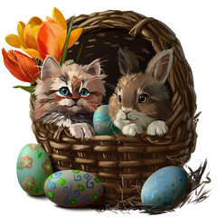 Kitten and Easter Bunny in a basket - 584679959