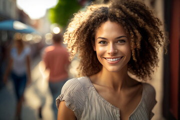 a young woman with curly hair, sunny weather, fictional place, Generative AI